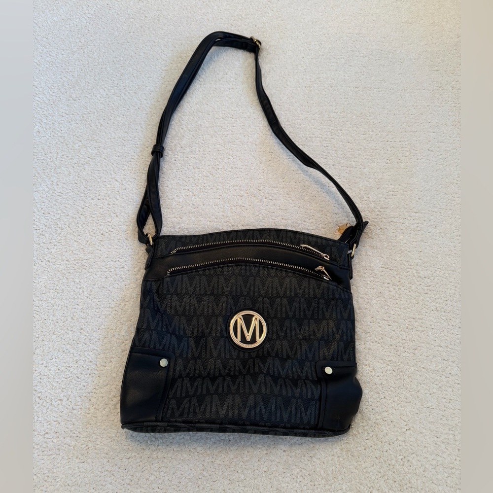 Marco M Black Monogram Crossbody Shoulder Bag Gold Logo Multiple Zip Pockets